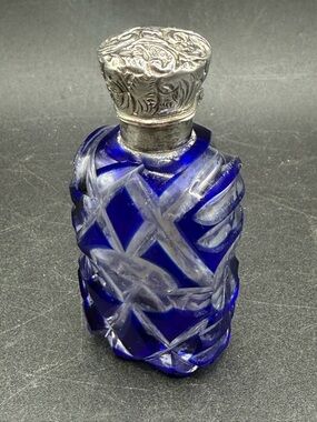 Victorian Antique Bohemian Cobalt Blue Cut to Clear Glass Perfume Scent Bottle